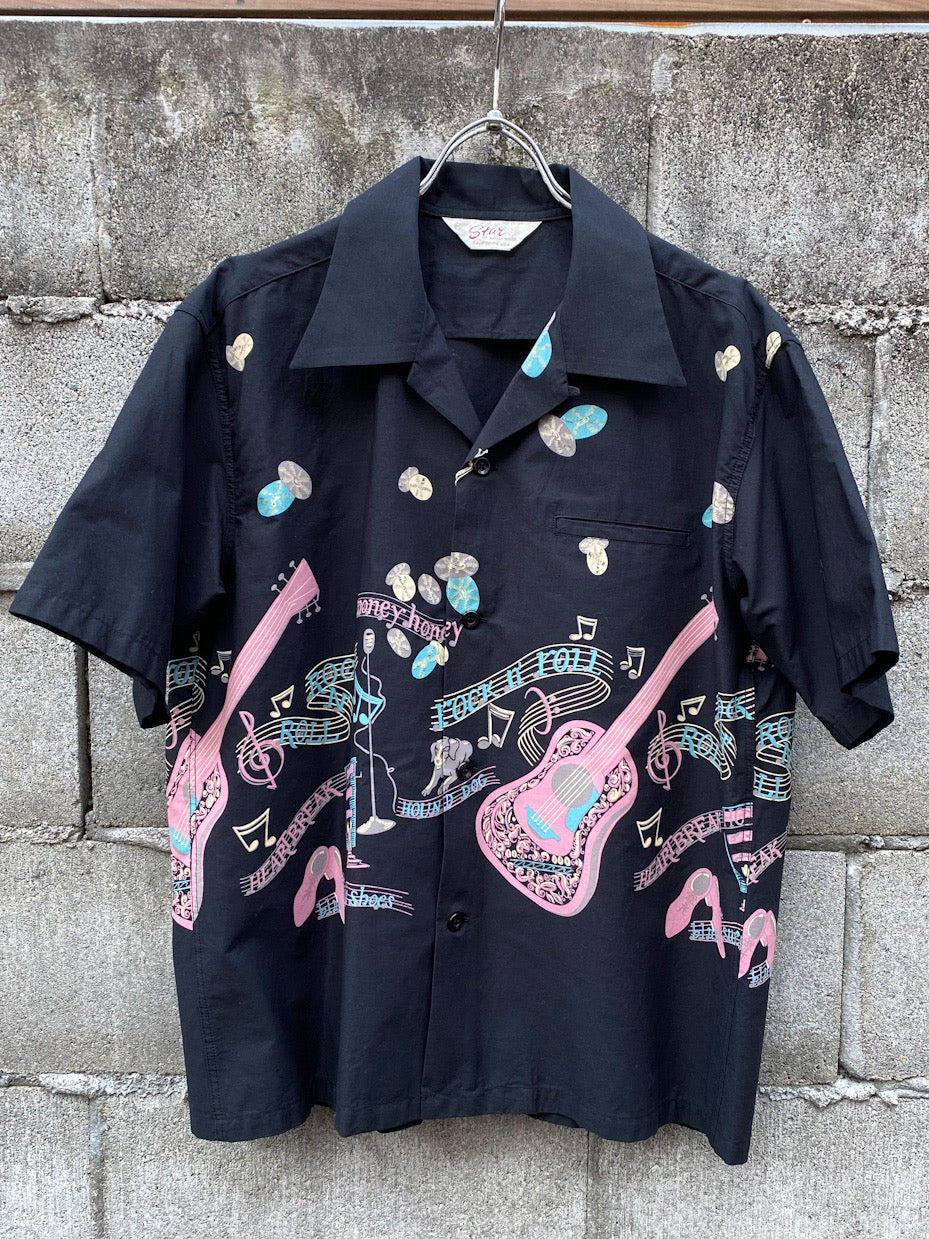 COTTON TYPEWRITER OPEN SHIRT "ROCK'N'ROLL GUITAR"