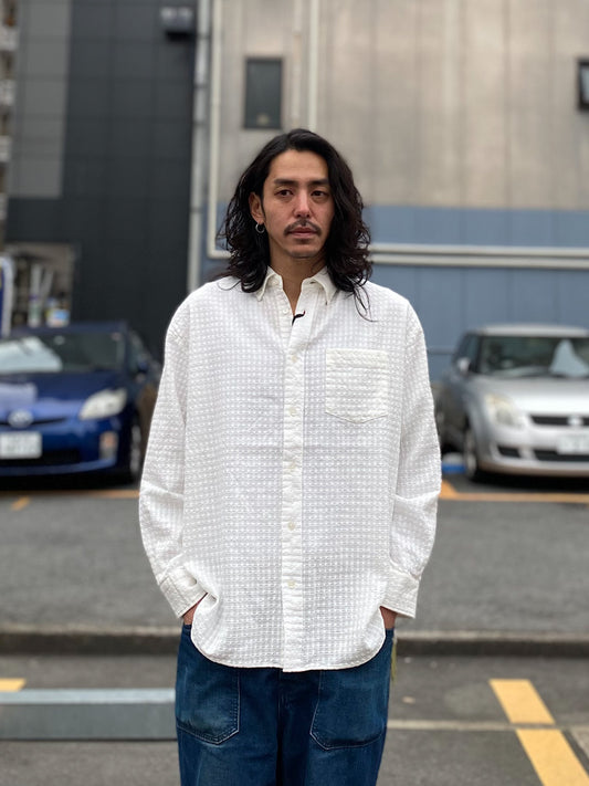 レノクロス(からみ織)ボタンダウン ボクシーAライン 長袖シャツ