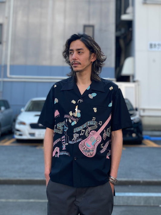 COTTON TYPEWRITER OPEN SHIRT "ROCK'N'ROLL GUITAR"