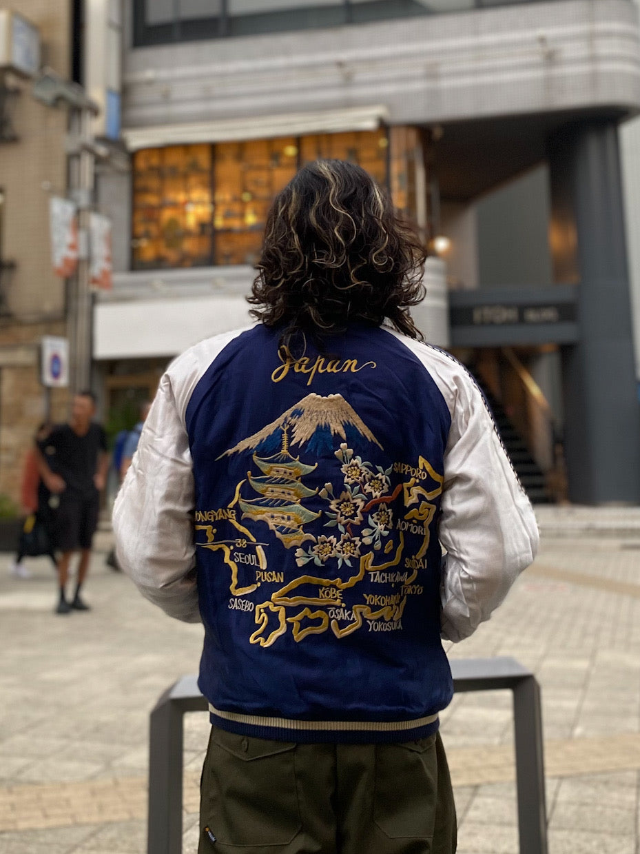 Mid 1950s Style Acetate Quilted Souvenir Jacket “RED TIGER” × “JAPAN MAP”