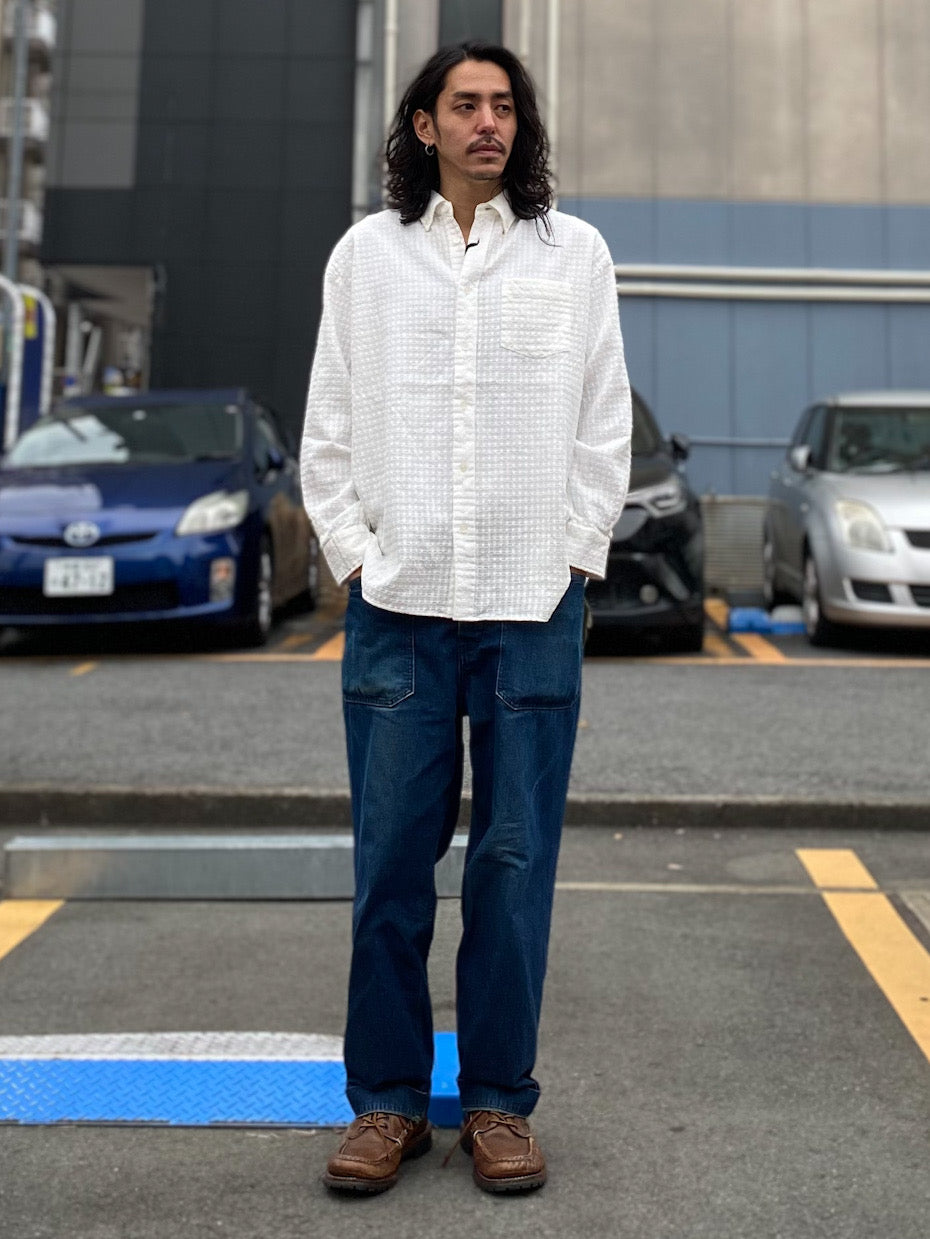 レノクロス(からみ織)ボタンダウン ボクシーAライン 長袖シャツ