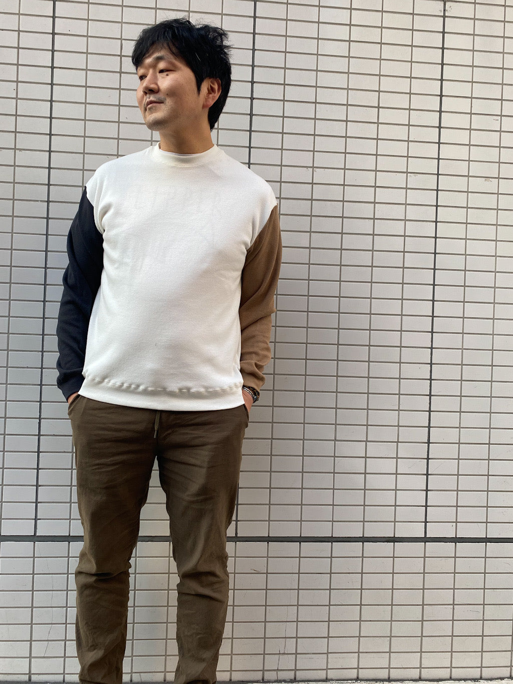 切り替えワッフルロングスリーブT White