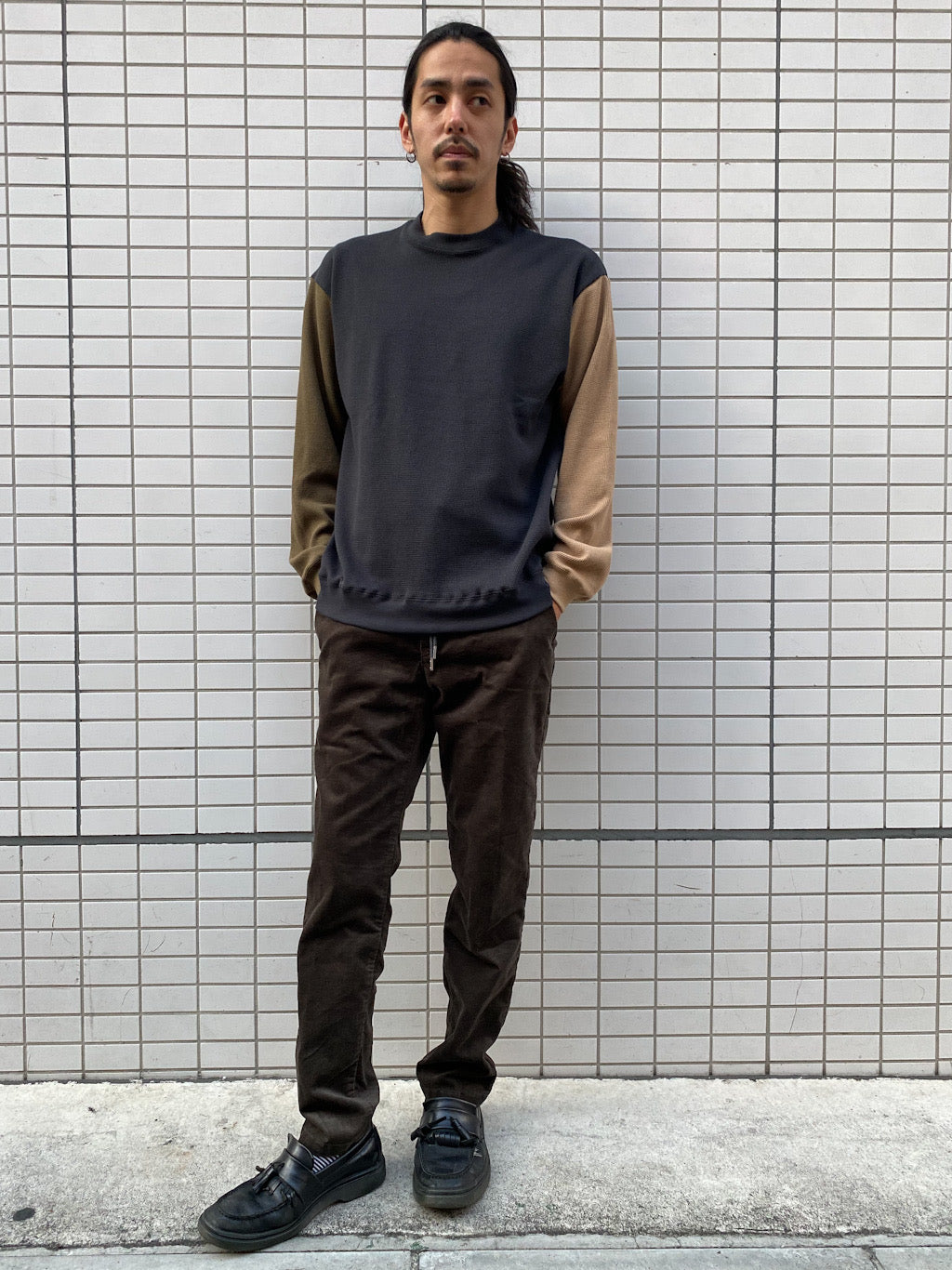切り替えワッフルロングスリーブT Black