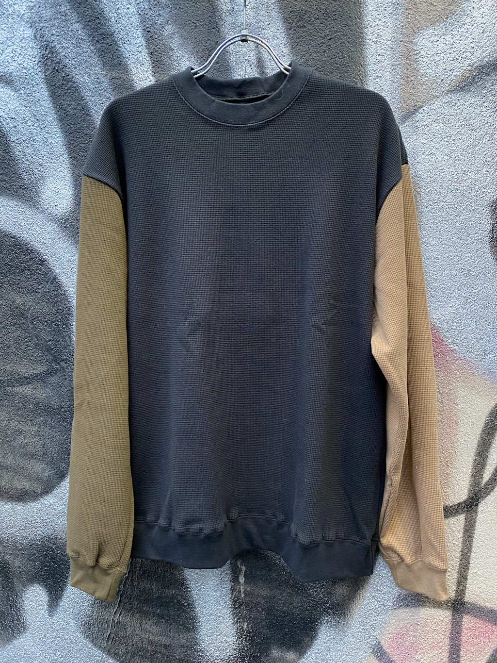 切り替えワッフルロングスリーブT Black