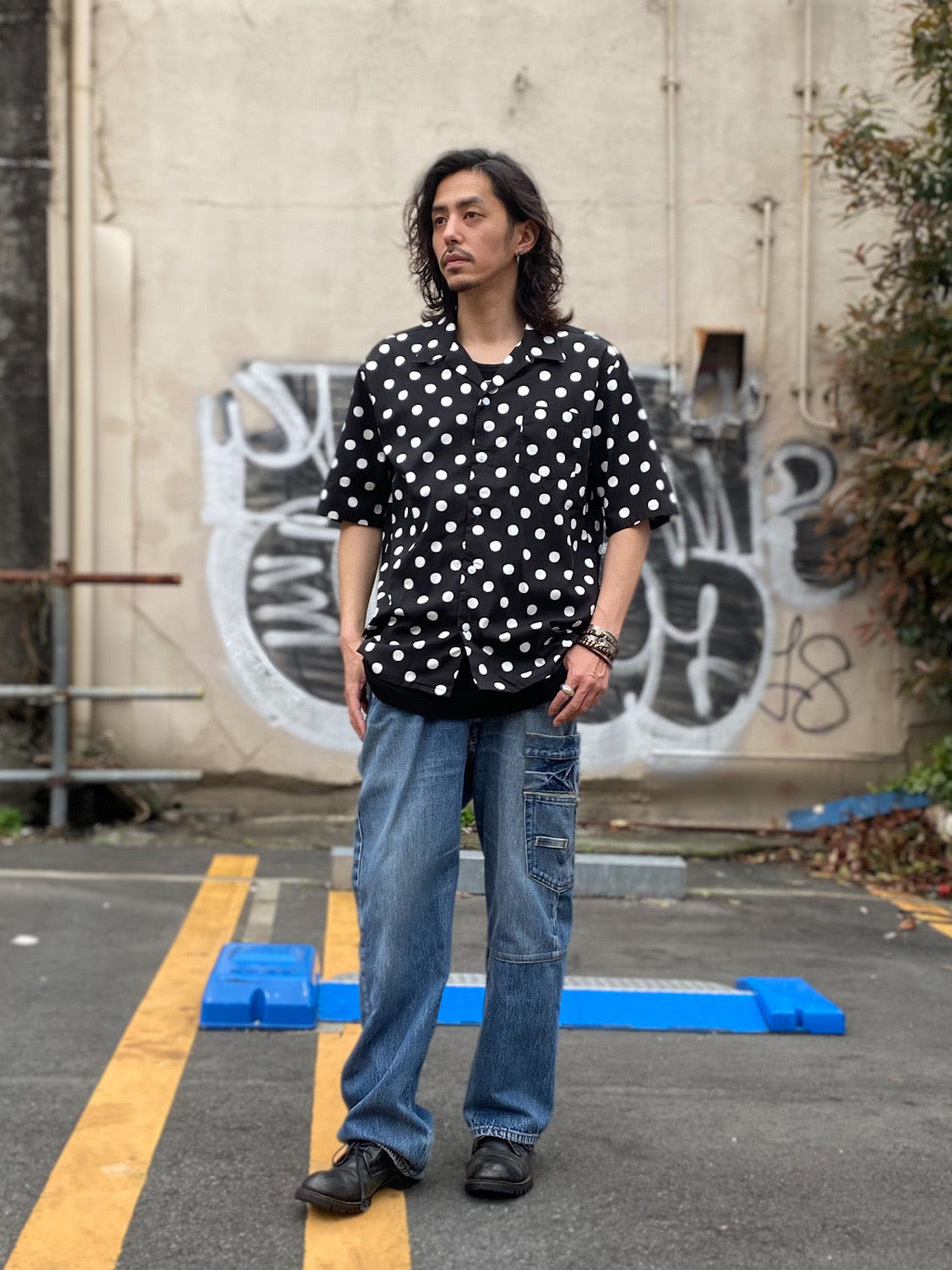 コットンレーヨン BIG DOT柄 オープンカラー ハーフスリーブシャツ