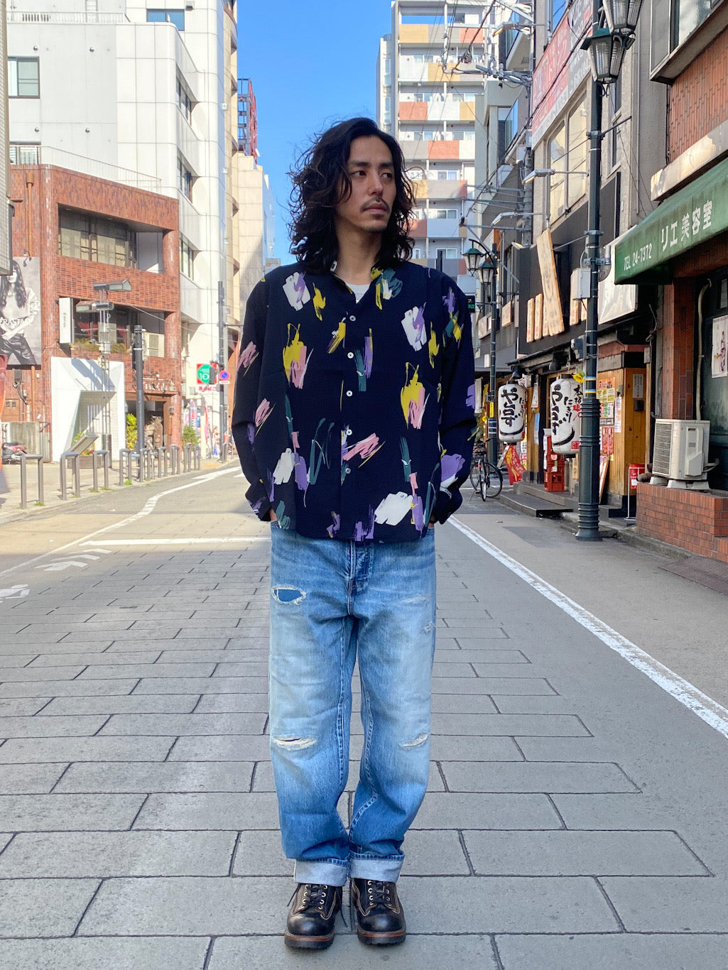 総柄バンドカラーシャツ