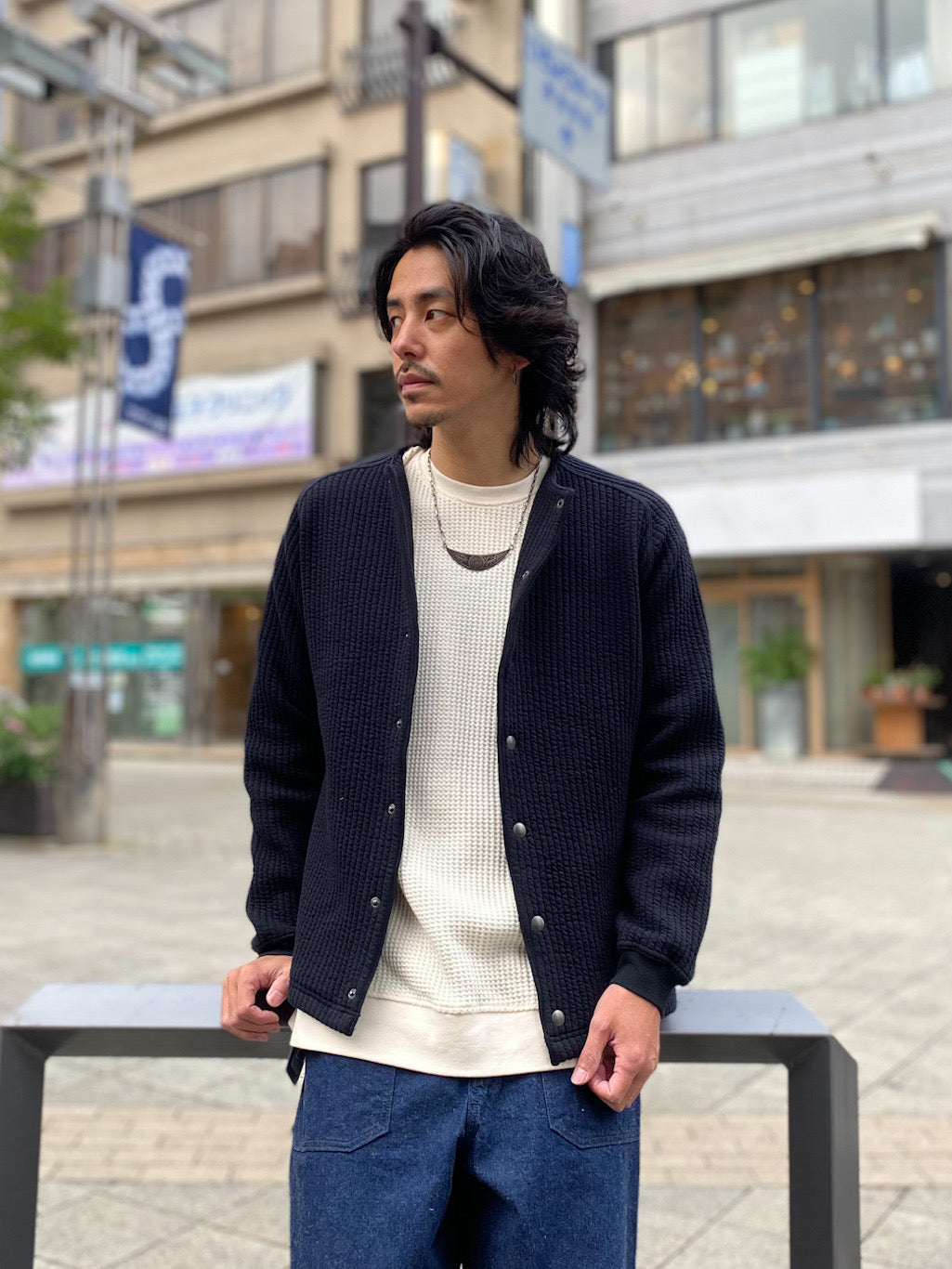 「尾州」ストライプキルト ノーカラー スナップジャケット