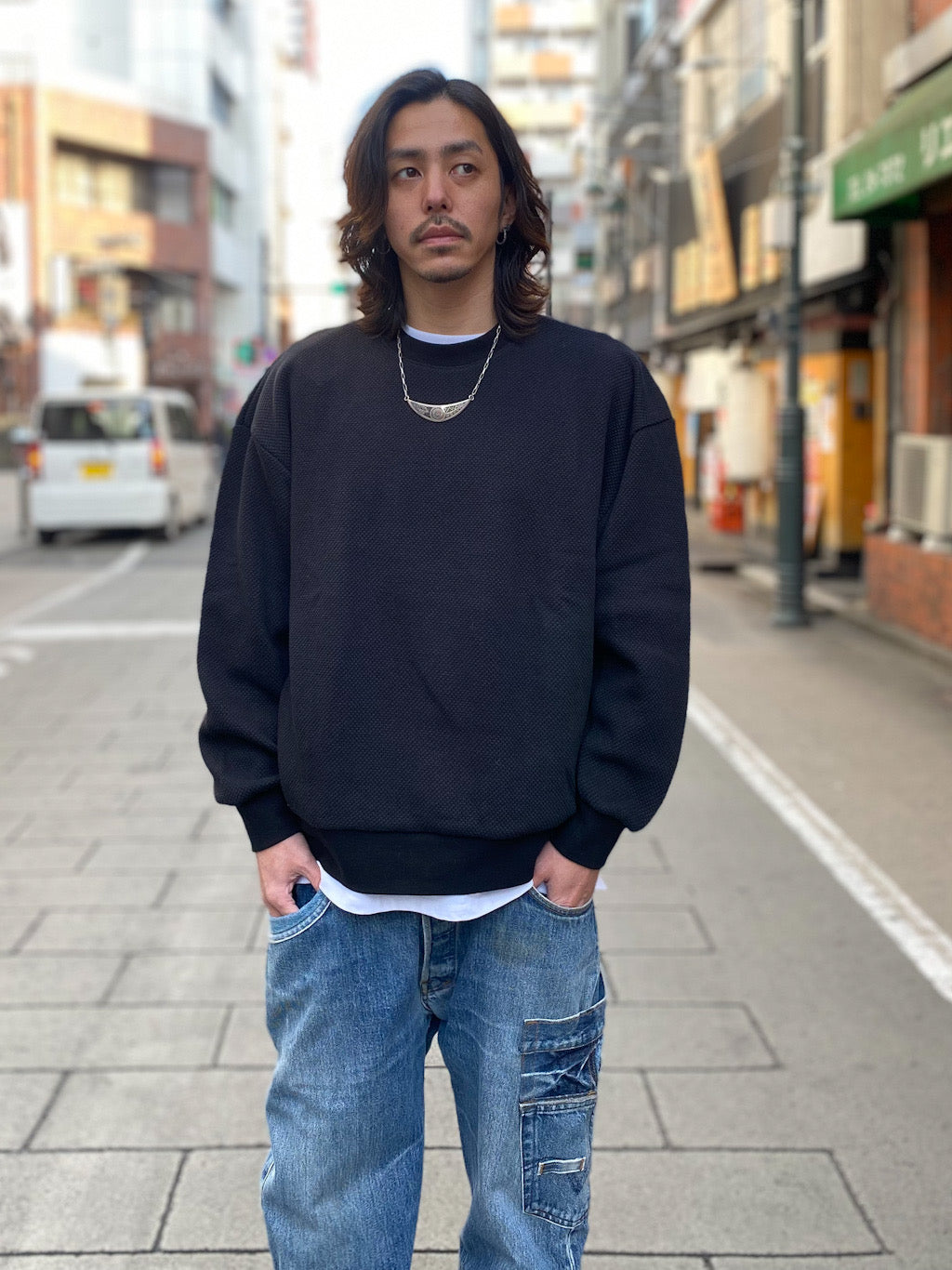 ローゲージストレッチ カノコダブルフェイス(15オンス)クルーネック スウェット
