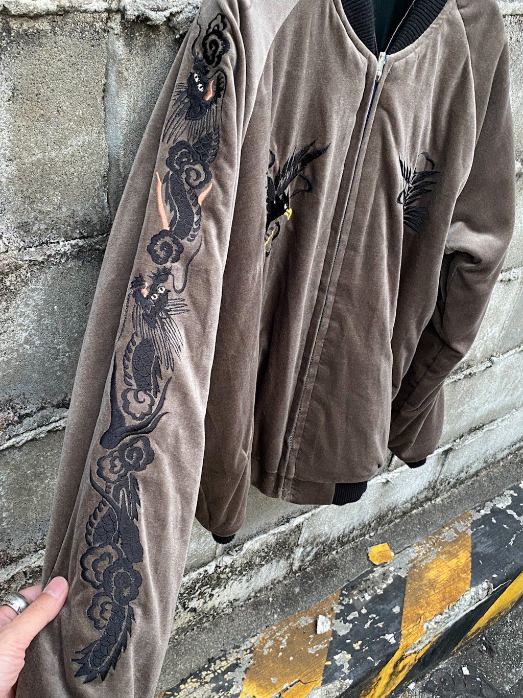ベロア×キルトサテンスカジャン BLACK EAGLE × JAPAN MAP