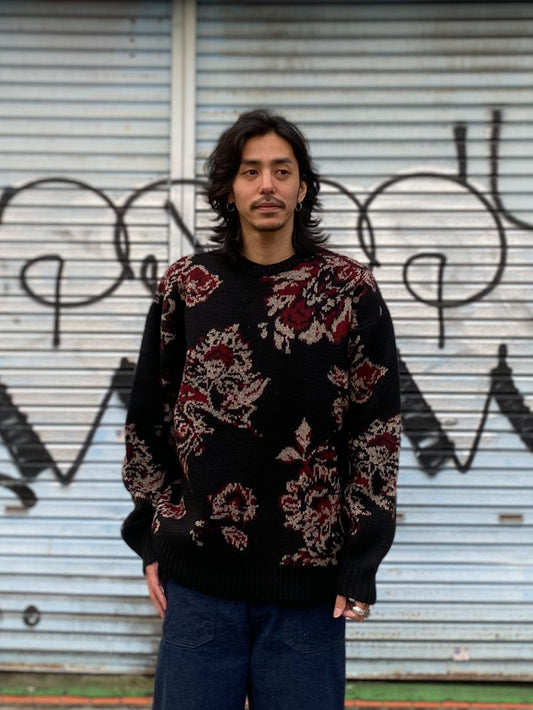 モヘアタッチ総柄ルーズシルエットジャガードクルーネック