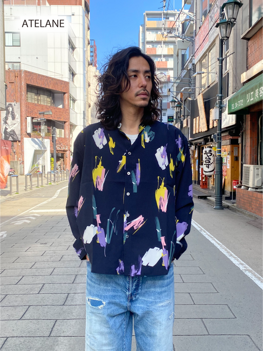 総柄バンドカラーシャツ