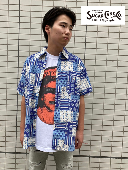 マリンプリントワークシャツ 半袖